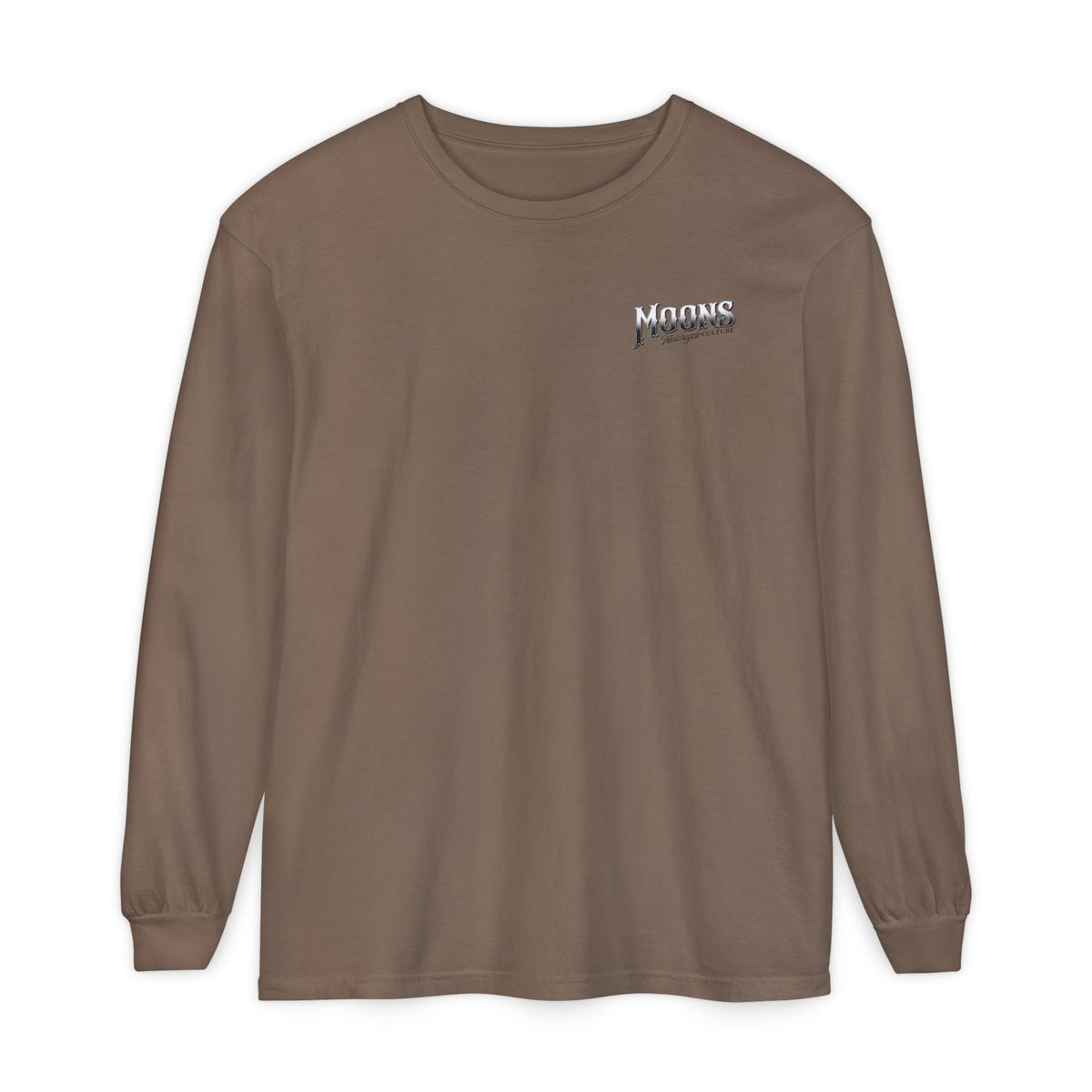 MOONSMC San Juan Capistrano - Mission Dyna Long Sleeve T-Shirt: front of the brown long-sleeve shirt with a small chest logo.