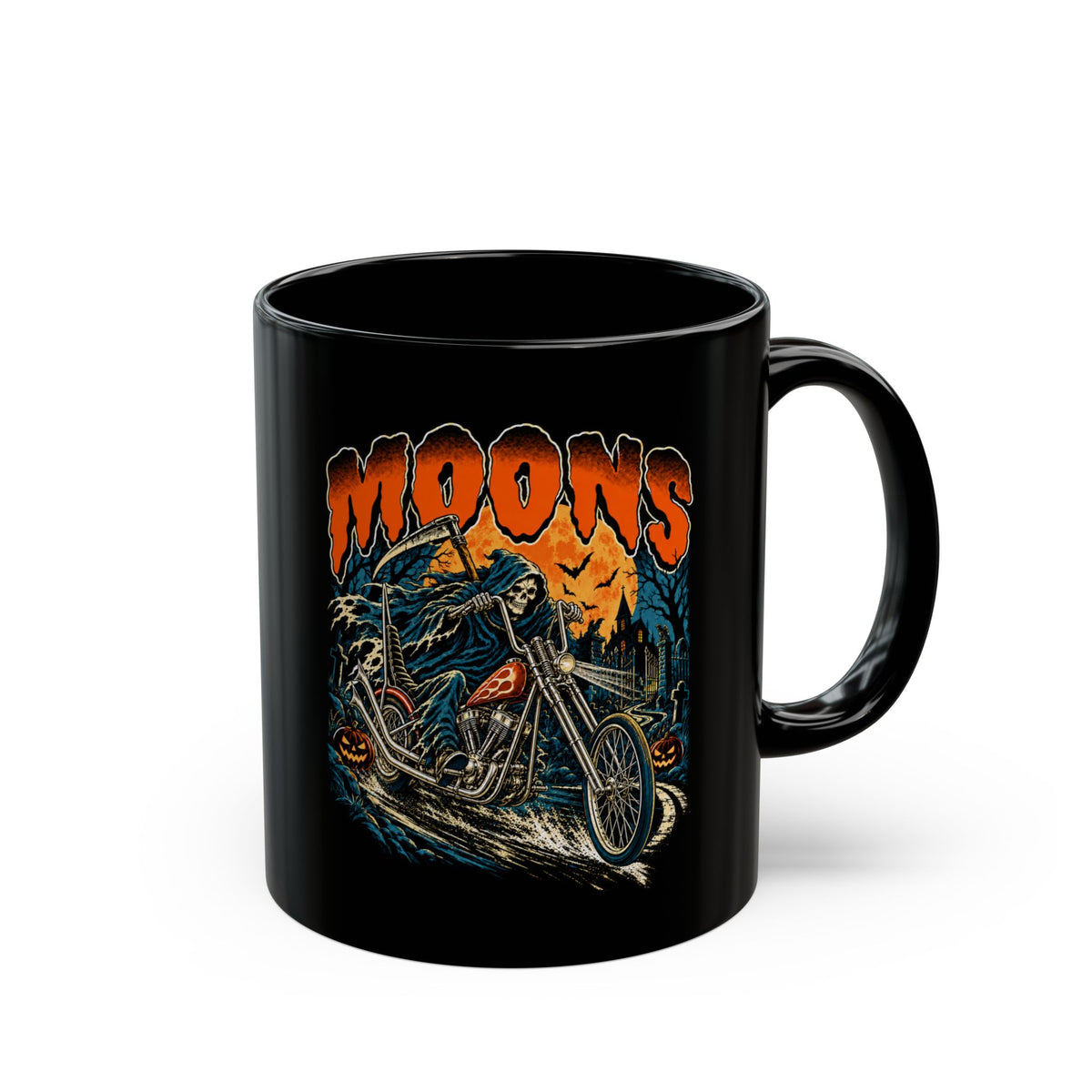 Angled view of the black MOONSMC Midnight Reaper mug with orange MOONS lettering and chopper artwork