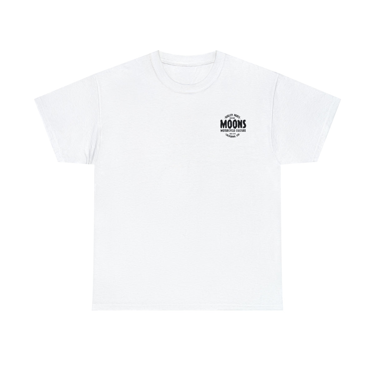 MOONSMC Sunset Helmet Heavy Cotton T-Shirt: front of the white tee with a small chest emblem.