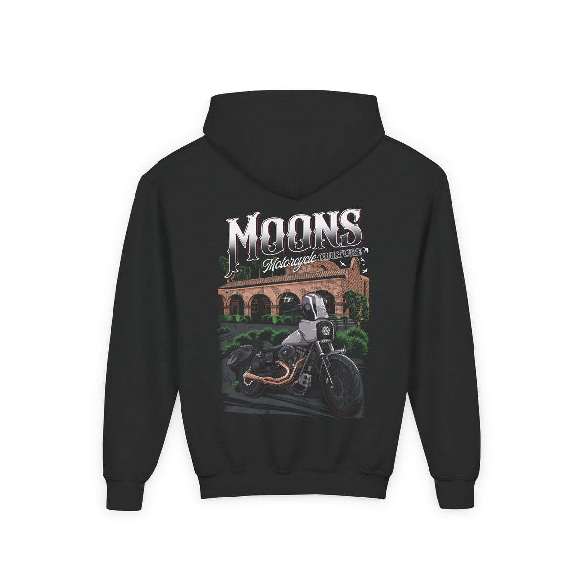 MOONSMC San Juan Capistrano - Mission Dyna Youth Hoodie: dark youth hoodie showing the mission and motorcycle back graphic.
