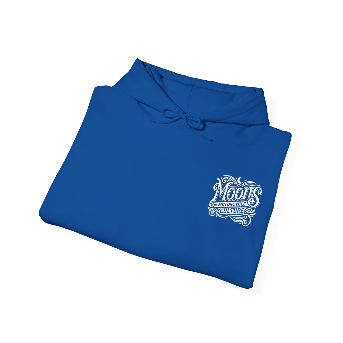 MOONSMC "The Saloon" Hooded Sweatshirt: folded royal blue hoodie showing its small chest logo.