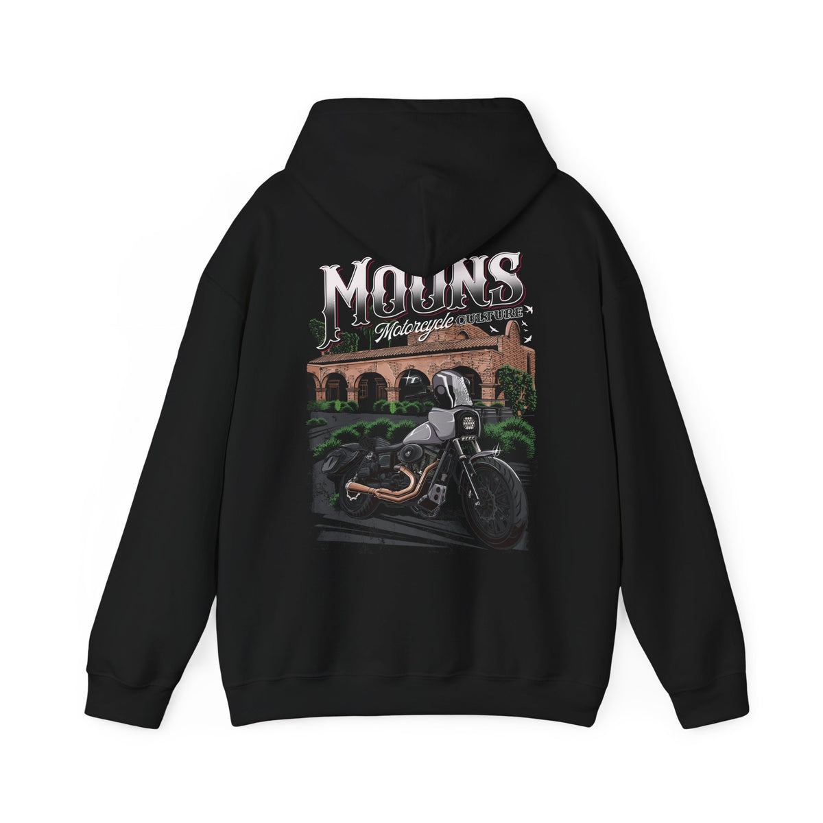 MOONSMC San Juan Capistrano - Mission Dyna Premium Pullover Hoodie: black hoodie showing the mission and motorcycle back graphic with the hood down.