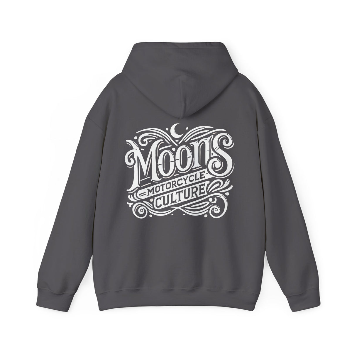 MOONSMC "The Saloon" Hooded Sweatshirt: charcoal hoodie showing the large back logo with the hood down.