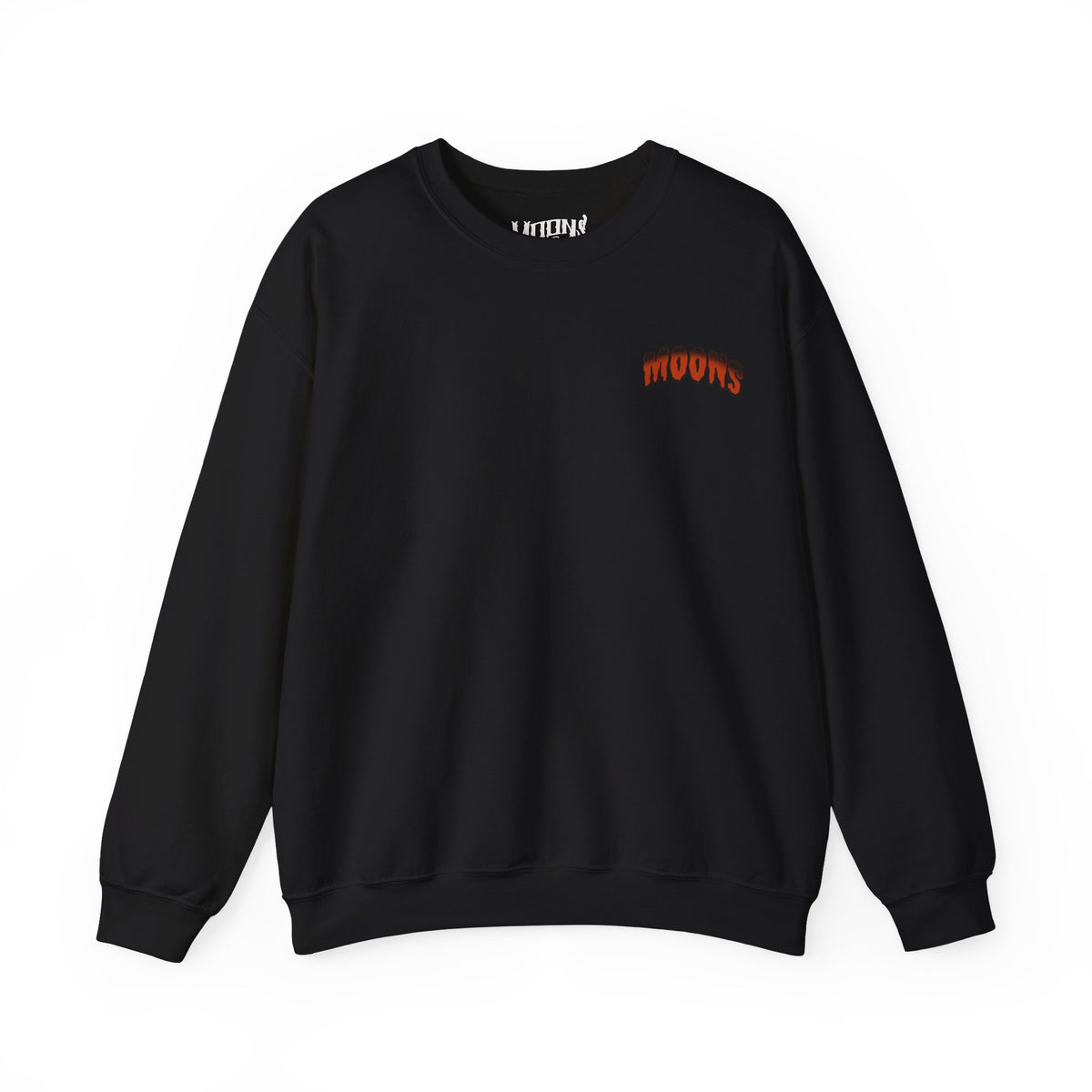 MOONSMC 2024 Halloween Edition - FXLRST Headless Horsemen Graveyard Sweatshirt Indigo: front of the black sweatshirt with a small chest logo.