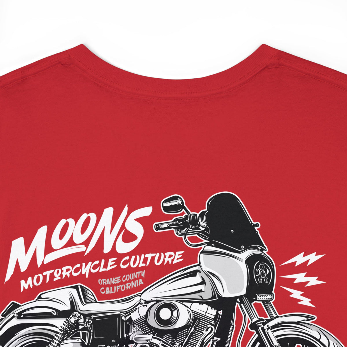 MOONSMC Dyna T-SPORT / FXDXT Heavy Cotton T-Shirt: close-up of the motorcycle back graphic on red fabric.