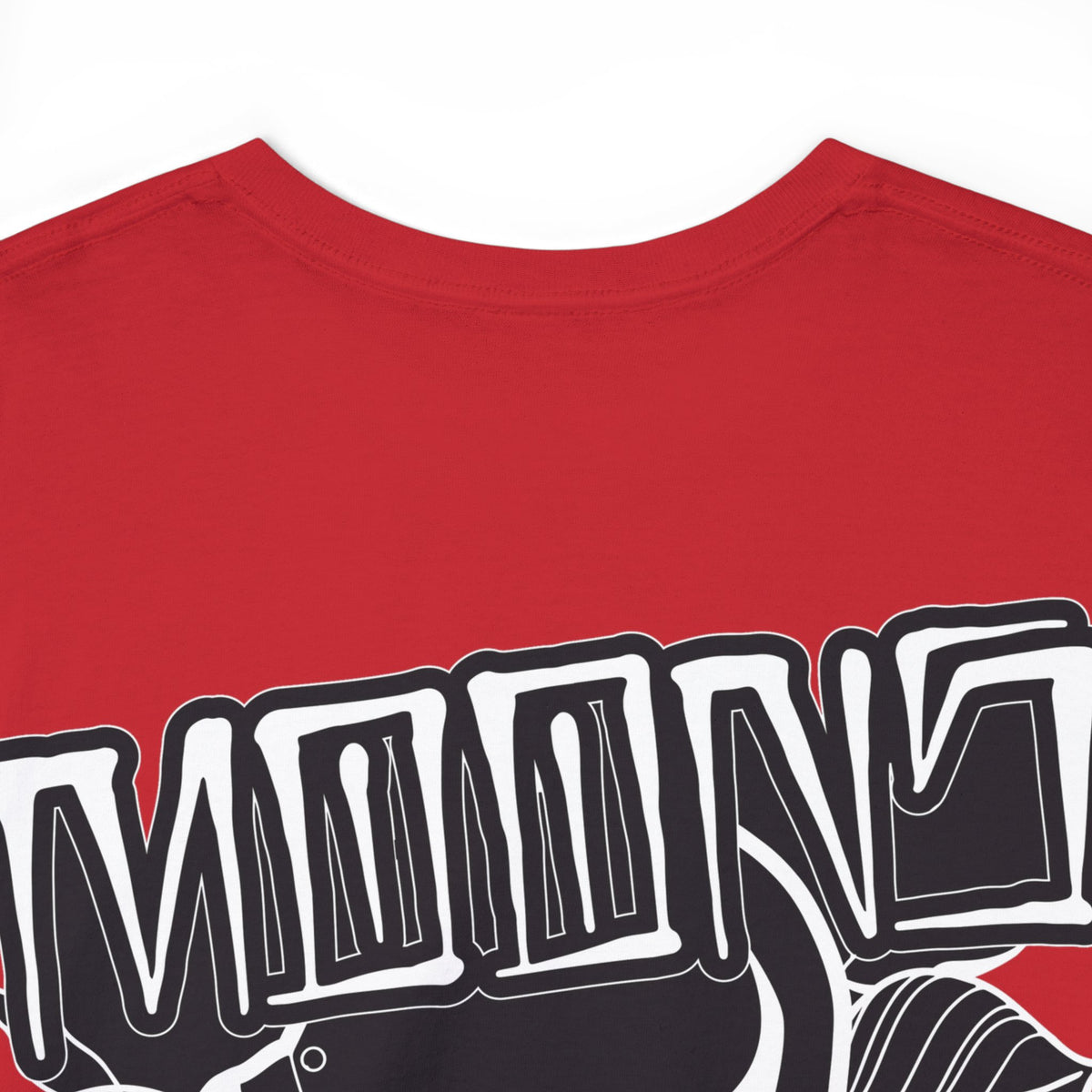 Close-up of the back graphic on the red MOONSMC T-Sport Fairing T-shirt.