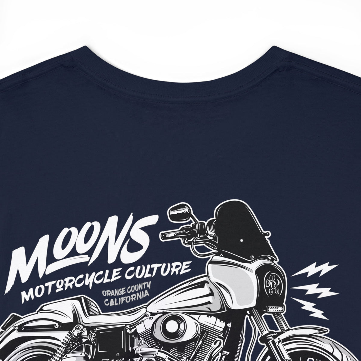 MOONSMC Dyna T-SPORT / FXDXT Heavy Cotton T-Shirt: close-up of the motorcycle back graphic on navy fabric.