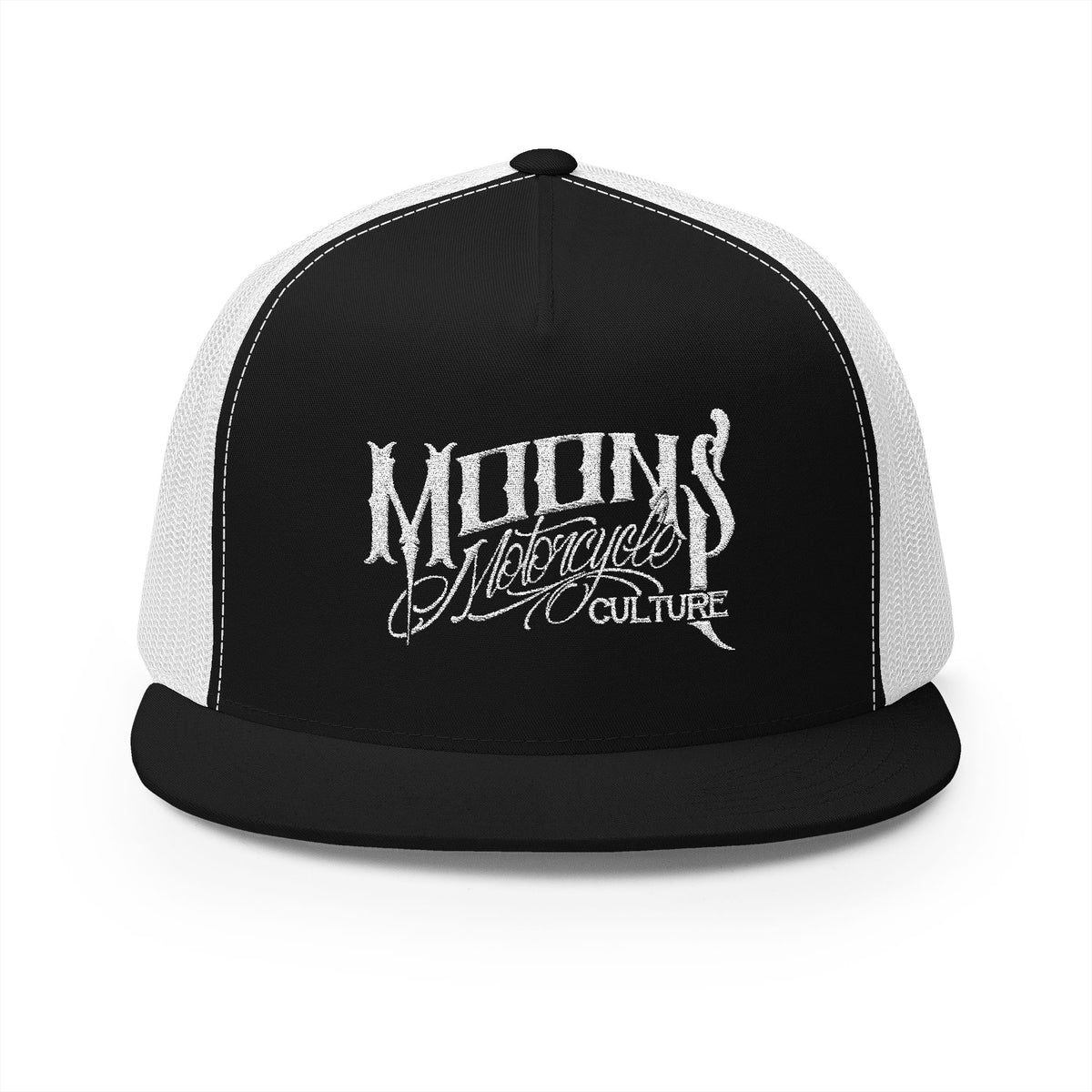 MOONSMC OG Logo White Embroidered 5 Panel Trucker Hat: front view in black with white mesh, showing the embroidered logo.