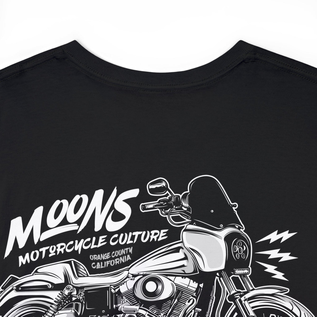 MOONSMC Dyna T-SPORT / FXDXT Heavy Cotton T-Shirt: close-up of the motorcycle back graphic on black fabric.