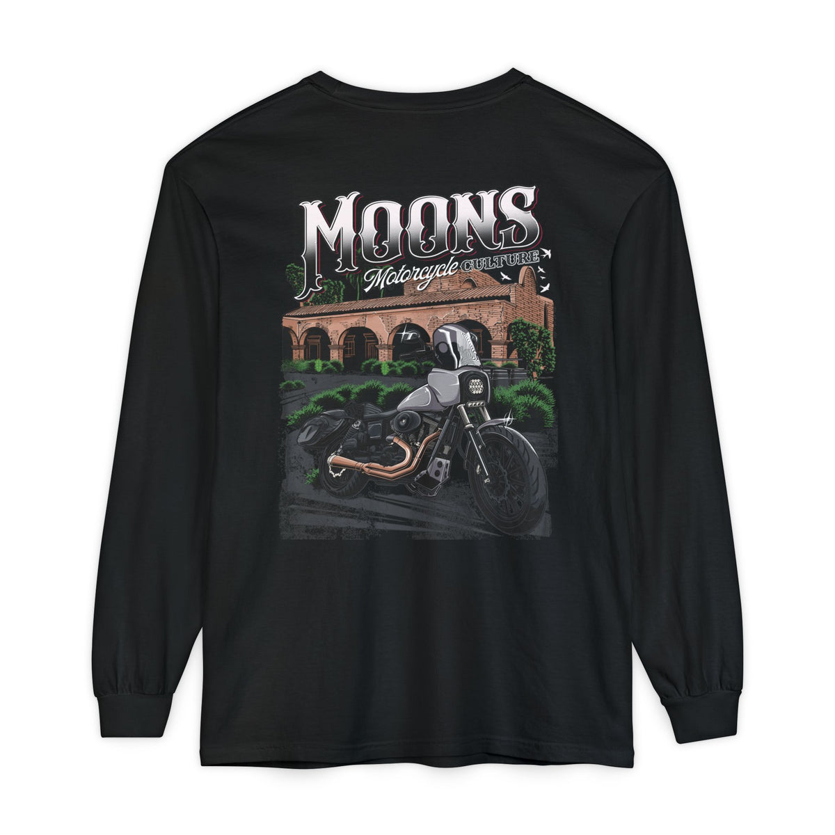 MOONSMC San Juan Capistrano - Mission Dyna Long Sleeve T-Shirt: black long-sleeve shirt showing the mission and motorcycle back graphic.
