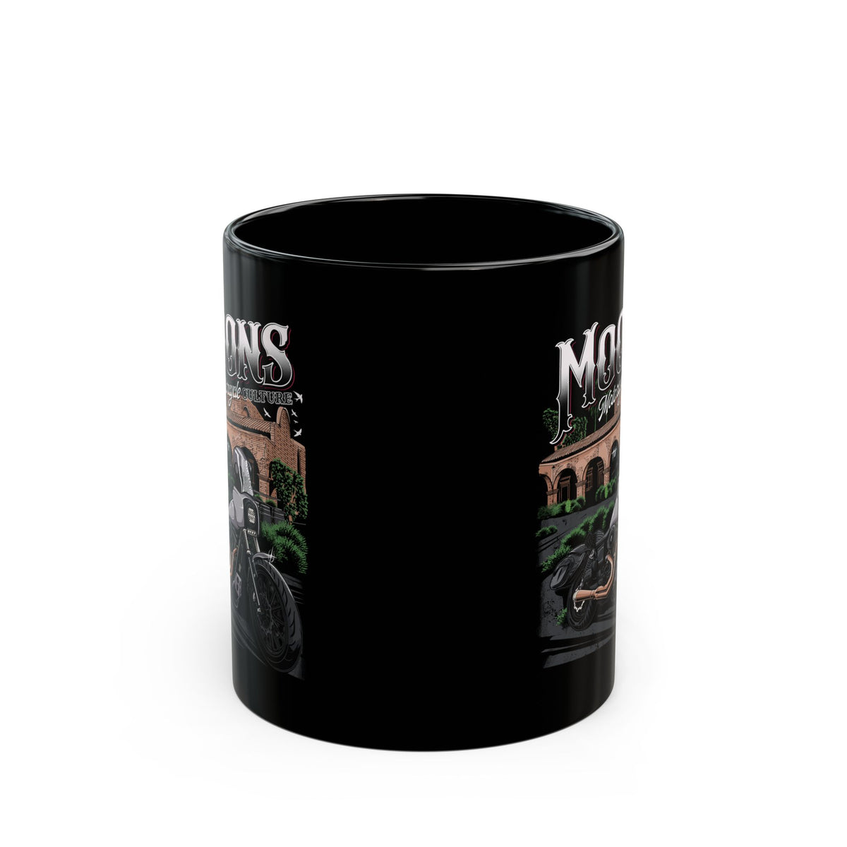 MOONSMC San Juan Capistrano - Mission Dyna Coffee Mug: black mug showing the gap between printed panels.