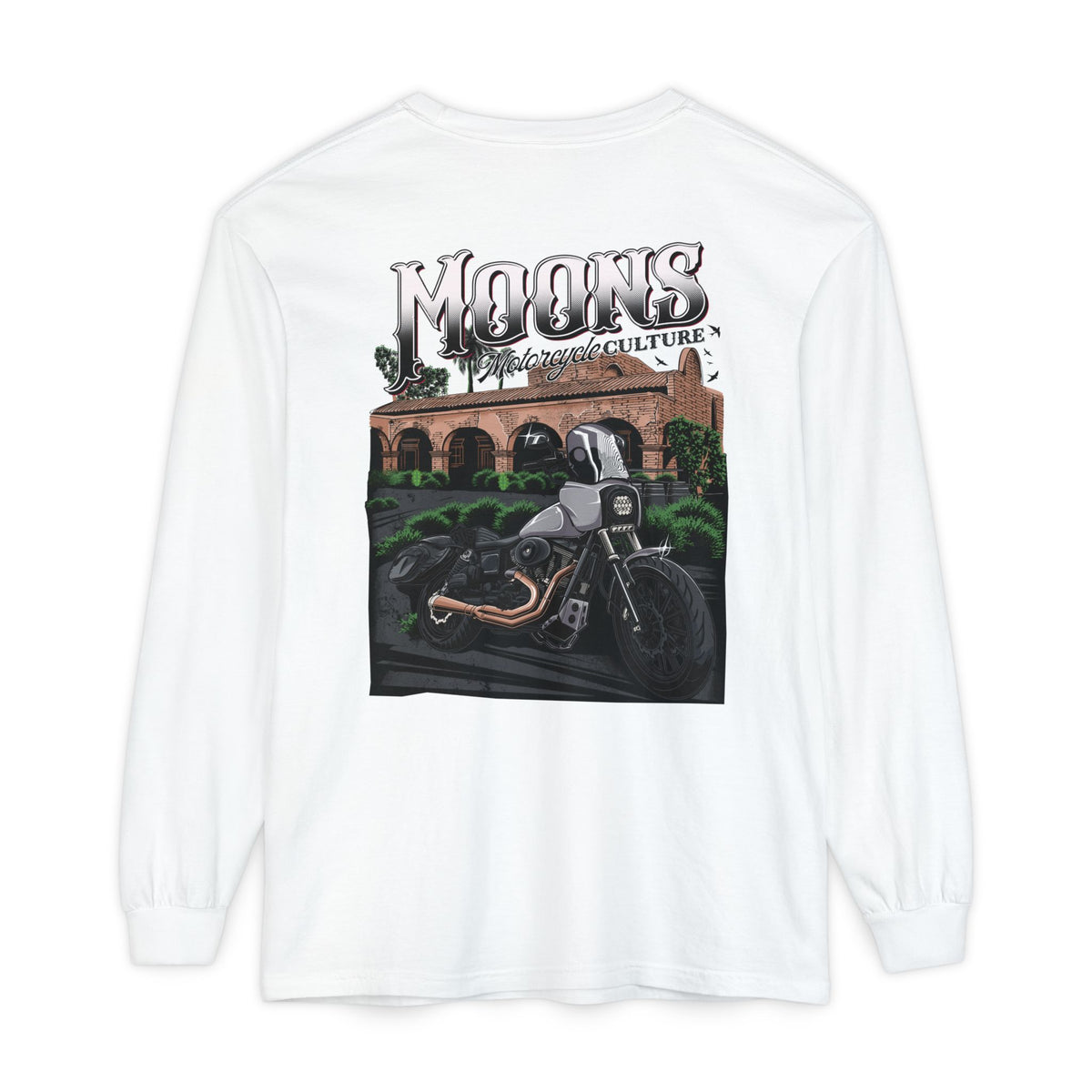 MOONSMC San Juan Capistrano - Mission Dyna Long Sleeve T-Shirt: white long-sleeve shirt showing the mission and motorcycle back graphic.