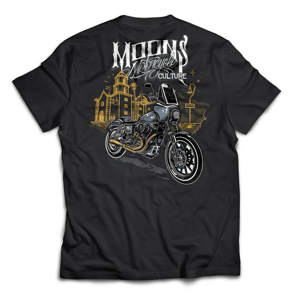 MOONSMC San Juan Capistrano T-Sport Heavy Cotton T-Shirt: black tee showing the large motorcycle and mission back graphic.