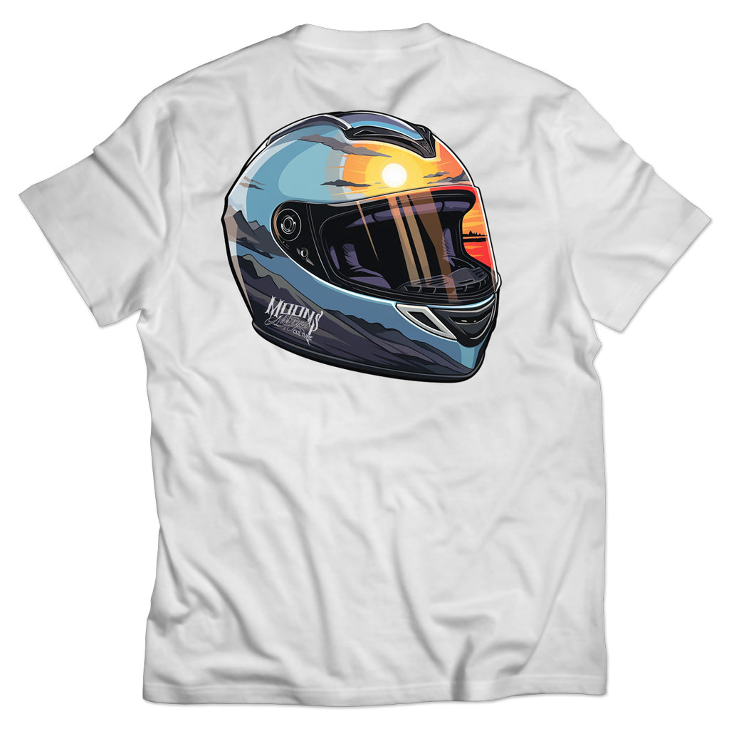 MOONSMC Sunset Helmet Heavy Cotton T-Shirt: white tee showing the large helmet and sunset back graphic.