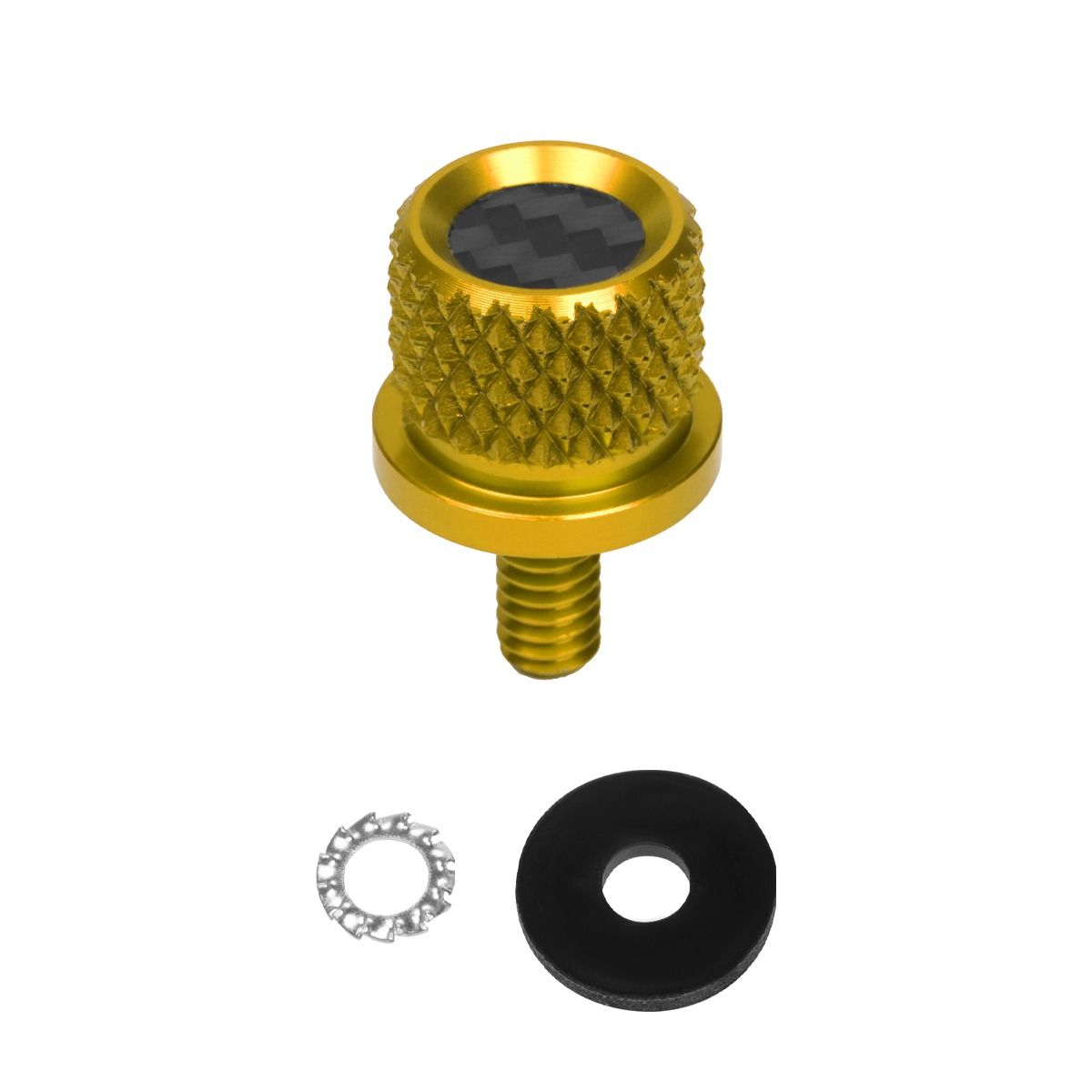 Gold MOONSMC knurled seat bolt with a carbon-fiber top insert, washer and retaining ring.