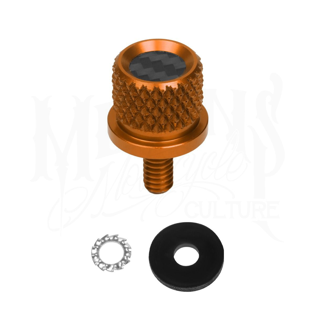 Orange MOONSMC knurled seat bolt with a carbon-fiber top insert, washer and retaining ring.