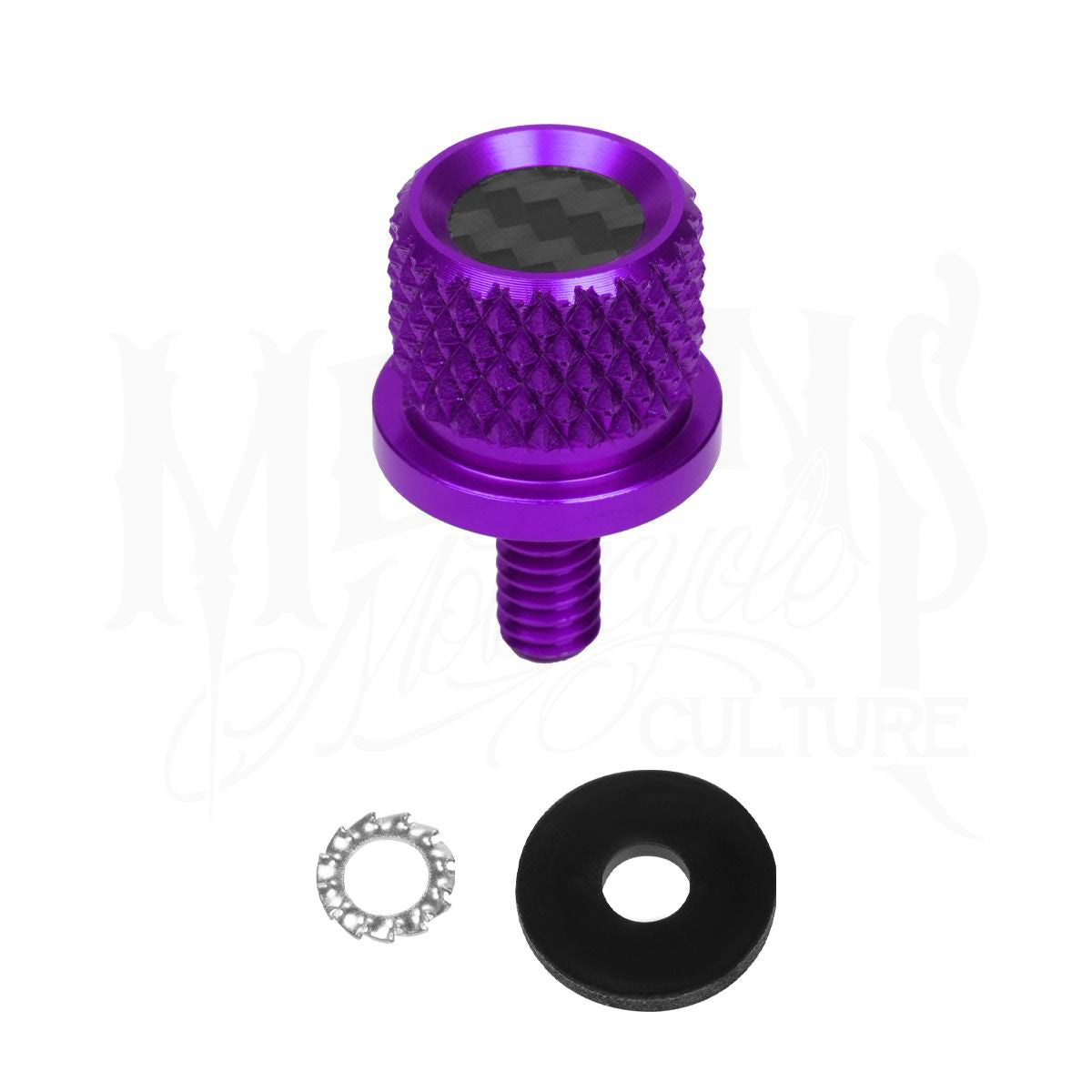 Purple MOONSMC knurled seat bolt with a carbon-fiber top insert, washer and retaining ring.