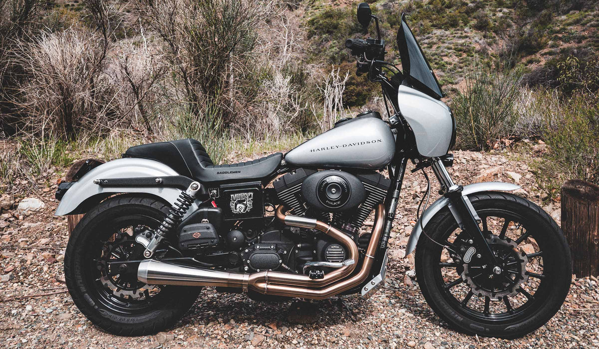 Silver Harley-Davidson Dyna with MOONSMC parts on a rocky canyon road