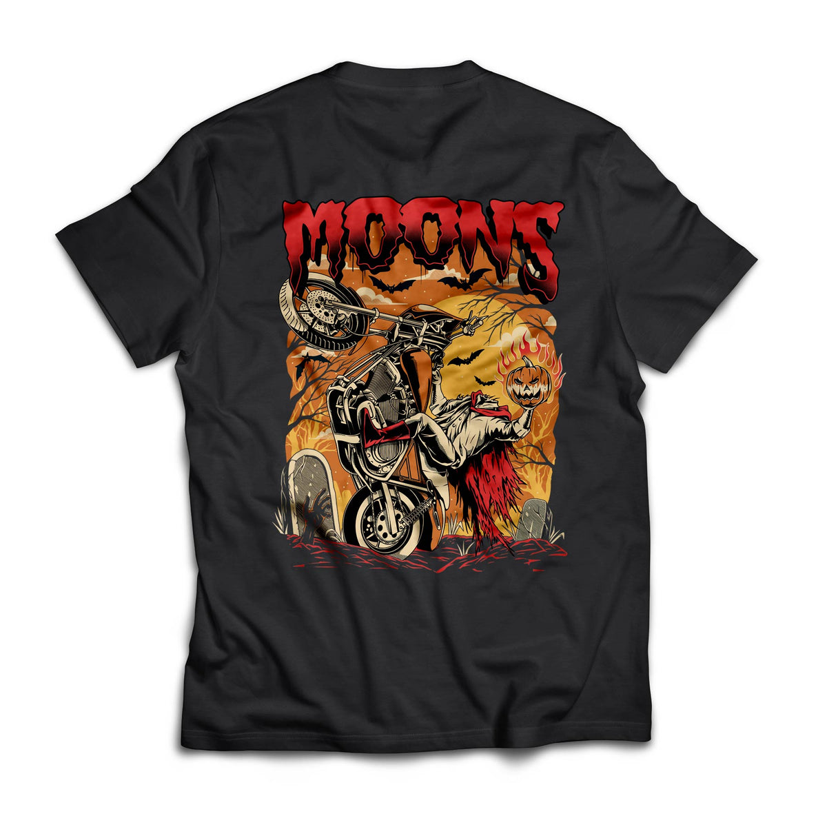 MOONSMC FXR Headless Horsemen Graveyard Wheelie T-Shirt Red: black tee showing the large headless rider back graphic.