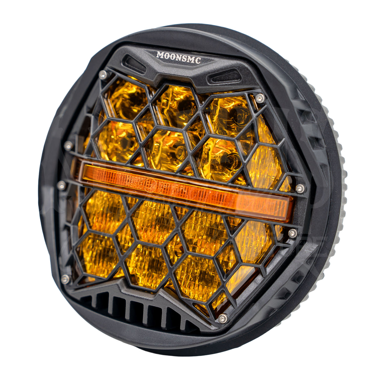 Angled view of the MOONSMC 5.75-inch HexBeam Pro headlight with amber lenses and a black housing.