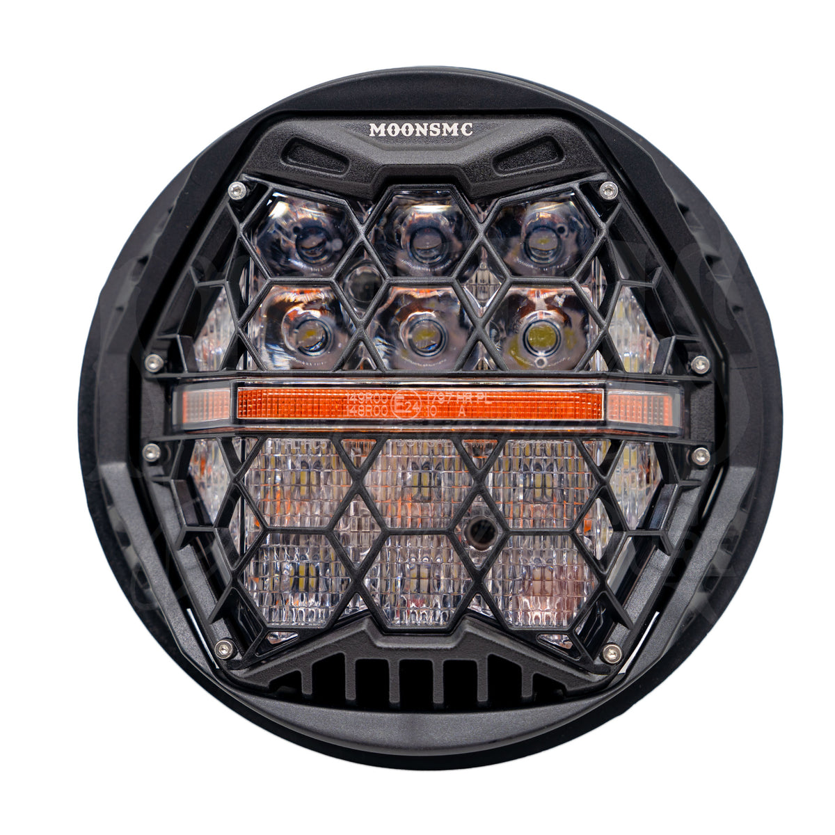 Front view of the MOONSMC 5.75-inch HexBeam Pro headlight with clear hexagonal lenses and an amber center strip.