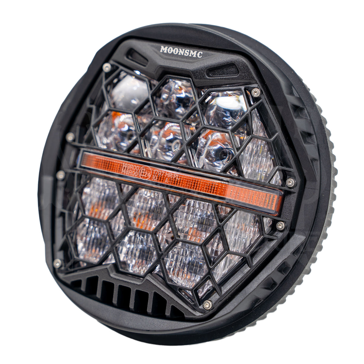 Angled view of the MOONSMC 5.75-inch HexBeam Pro headlight with clear lenses and a black housing.