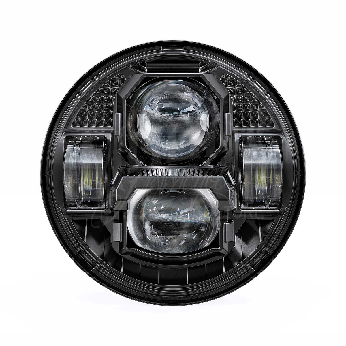 Front view of the black MOONSMC 5.75-inch OG Moonmaker V4 headlight with large center and smaller side lenses.