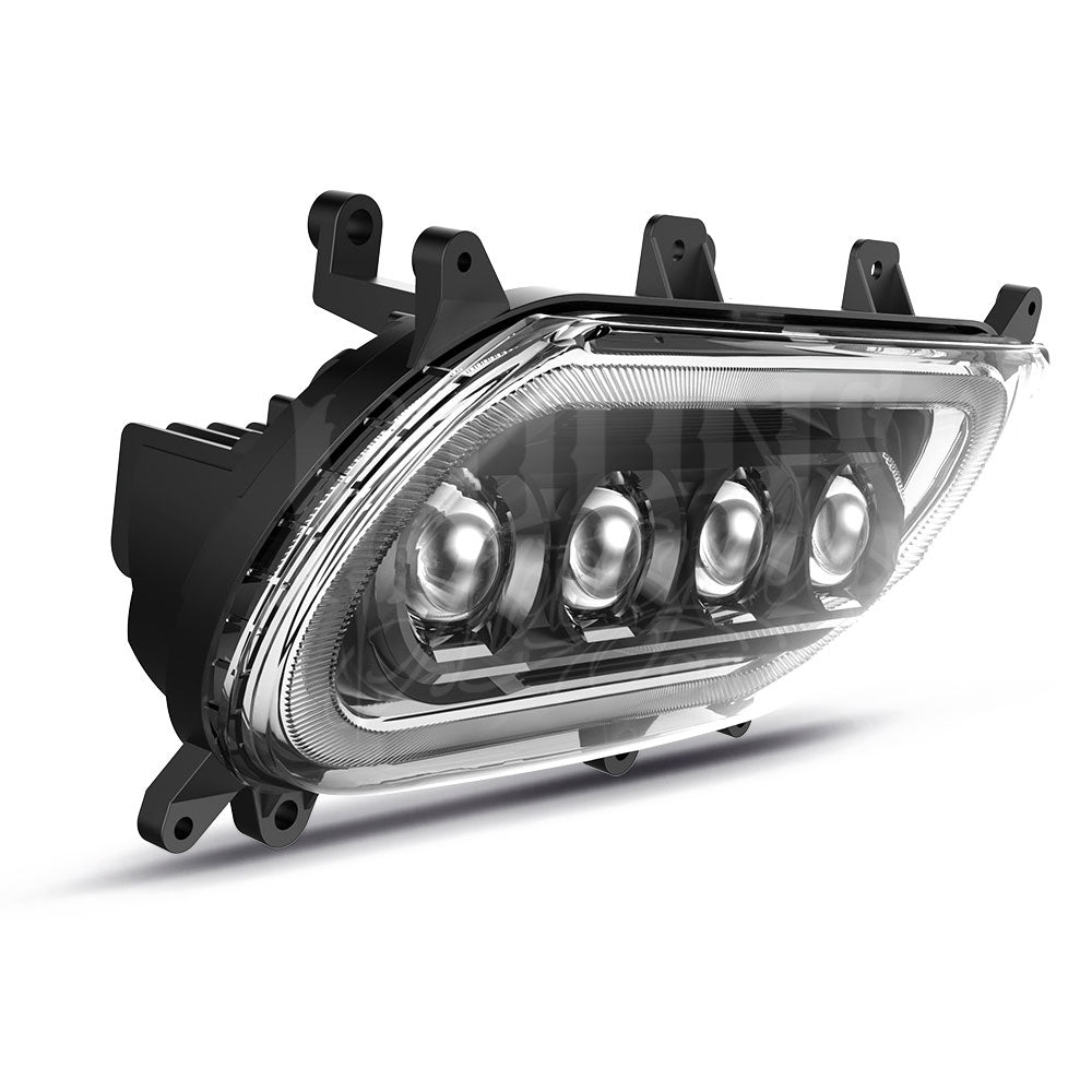 Angled side view of the MOONSMC Moonmaker 3 Road Glide headlight showing its housing.
