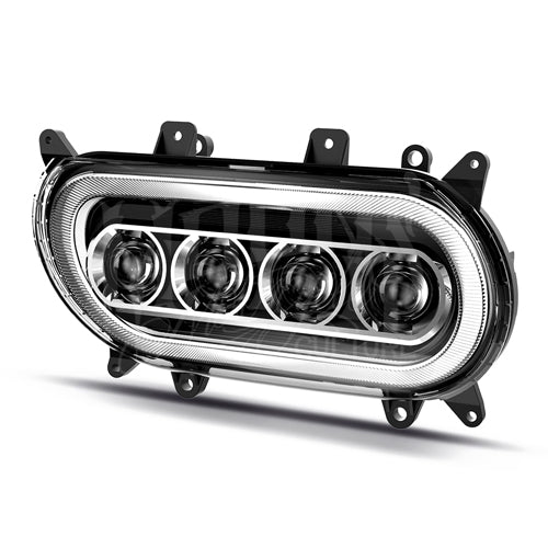 Angled front view of the MOONSMC Moonmaker 3 Road Glide headlight and its four projector lenses.