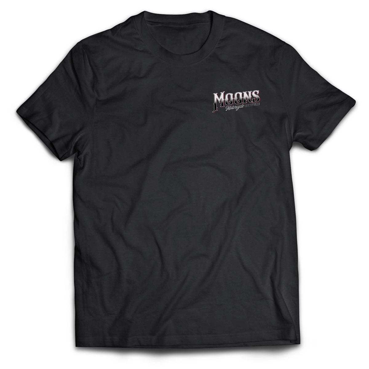 MOONSMC San Juan Capistrano - Mission Dyna Heavyweight Cotton T-Shirt: front of the black tee with a small chest logo.