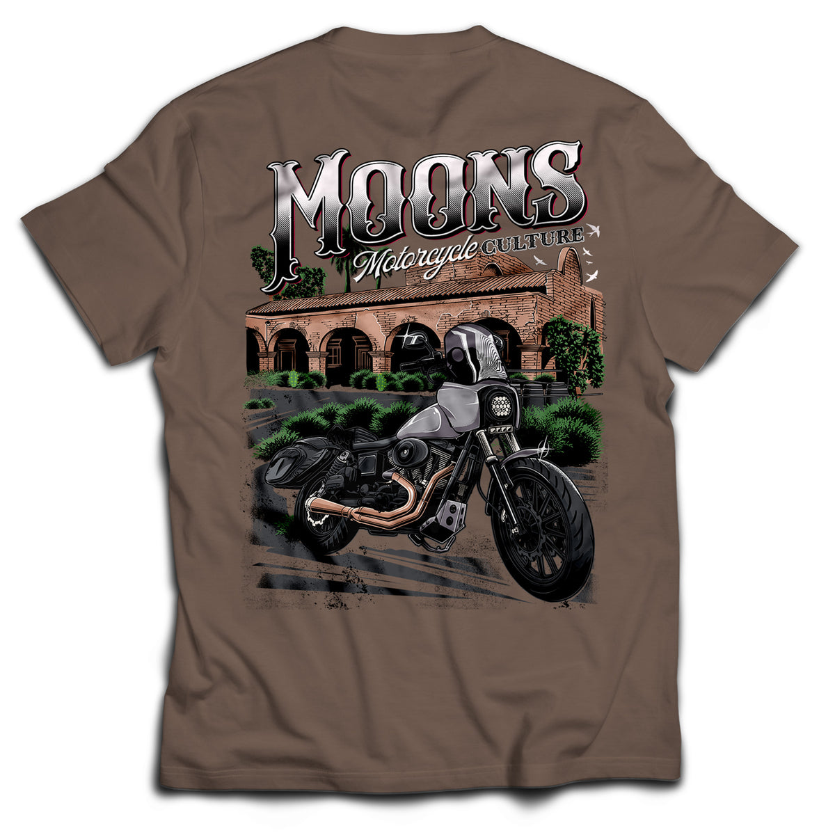 MOONSMC San Juan Capistrano - Mission Dyna Heavyweight Cotton T-Shirt: brown tee showing the large mission and motorcycle back graphic.
