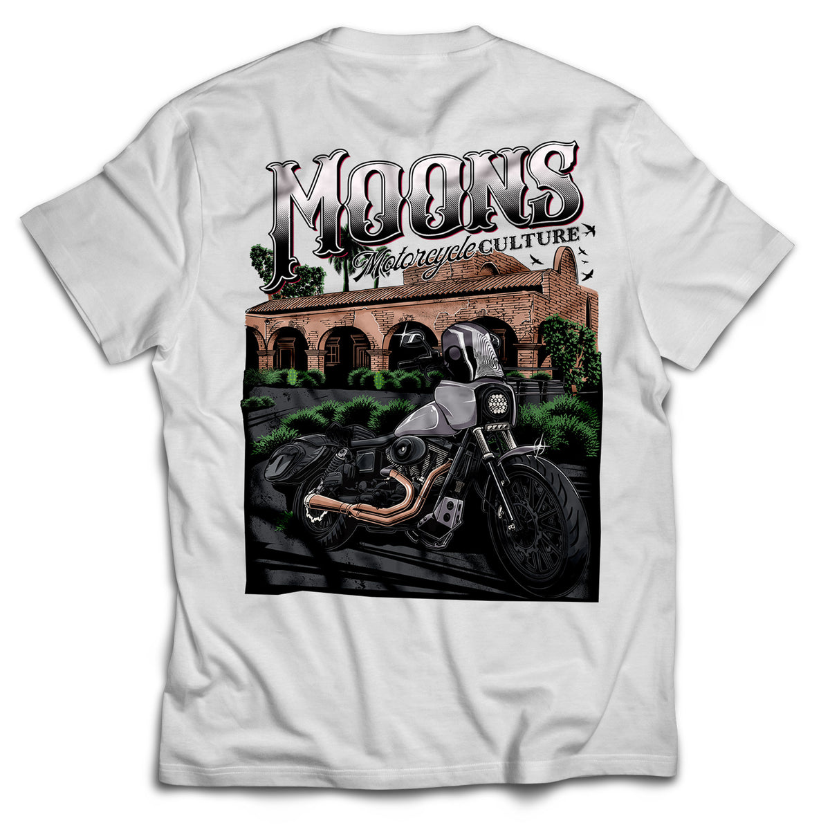 MOONSMC San Juan Capistrano - Mission Dyna Heavyweight Cotton T-Shirt: white tee showing the large mission and motorcycle back graphic.