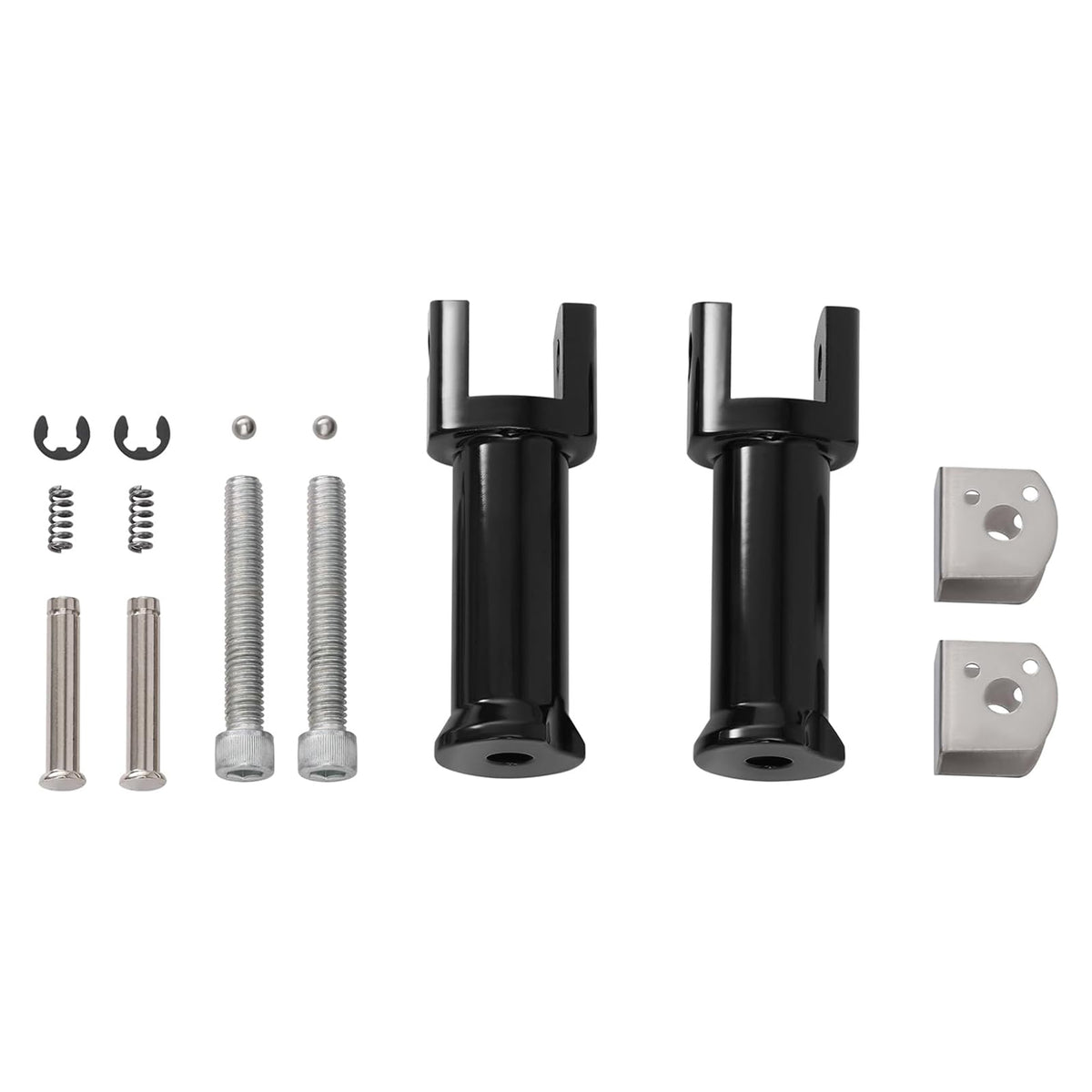 MOONSMC Softail passenger footpeg supports and mounting hardware arranged on a white background.