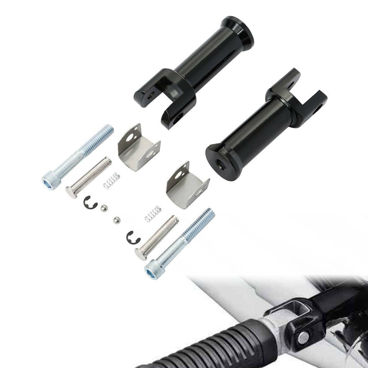 MOONSMC Softail passenger footpeg support mount kit with two black supports, mounting hardware and an installed-view inset.