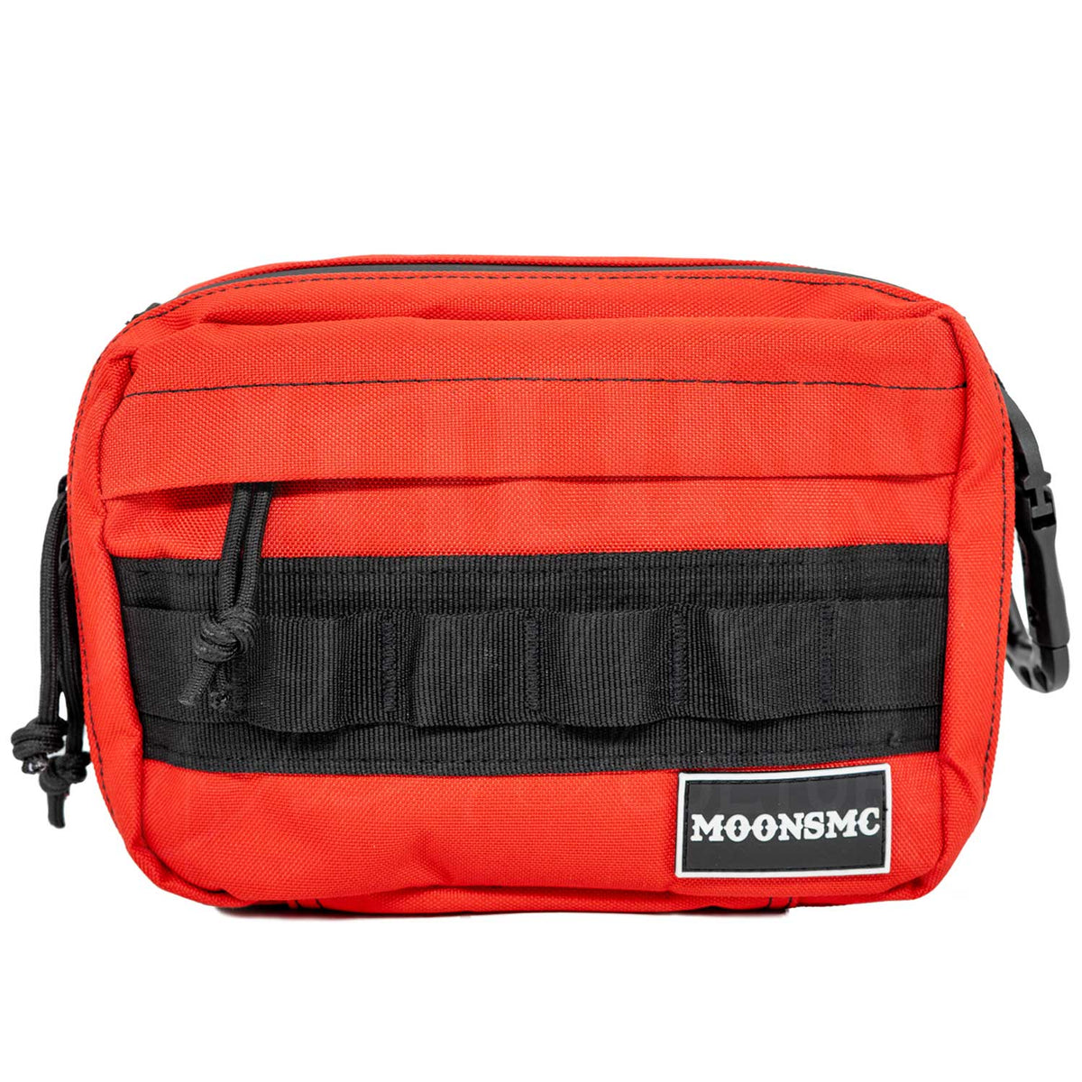 Front view of the red MOONSMC UrbanOps handlebar bag with MOLLE loops and a logo patch.