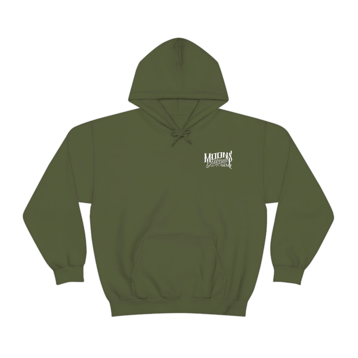 MOONSMC T-SPORT / FXDXT Hooded Sweatshirt: olive green hoodie with a small chest logo and pouch pocket.