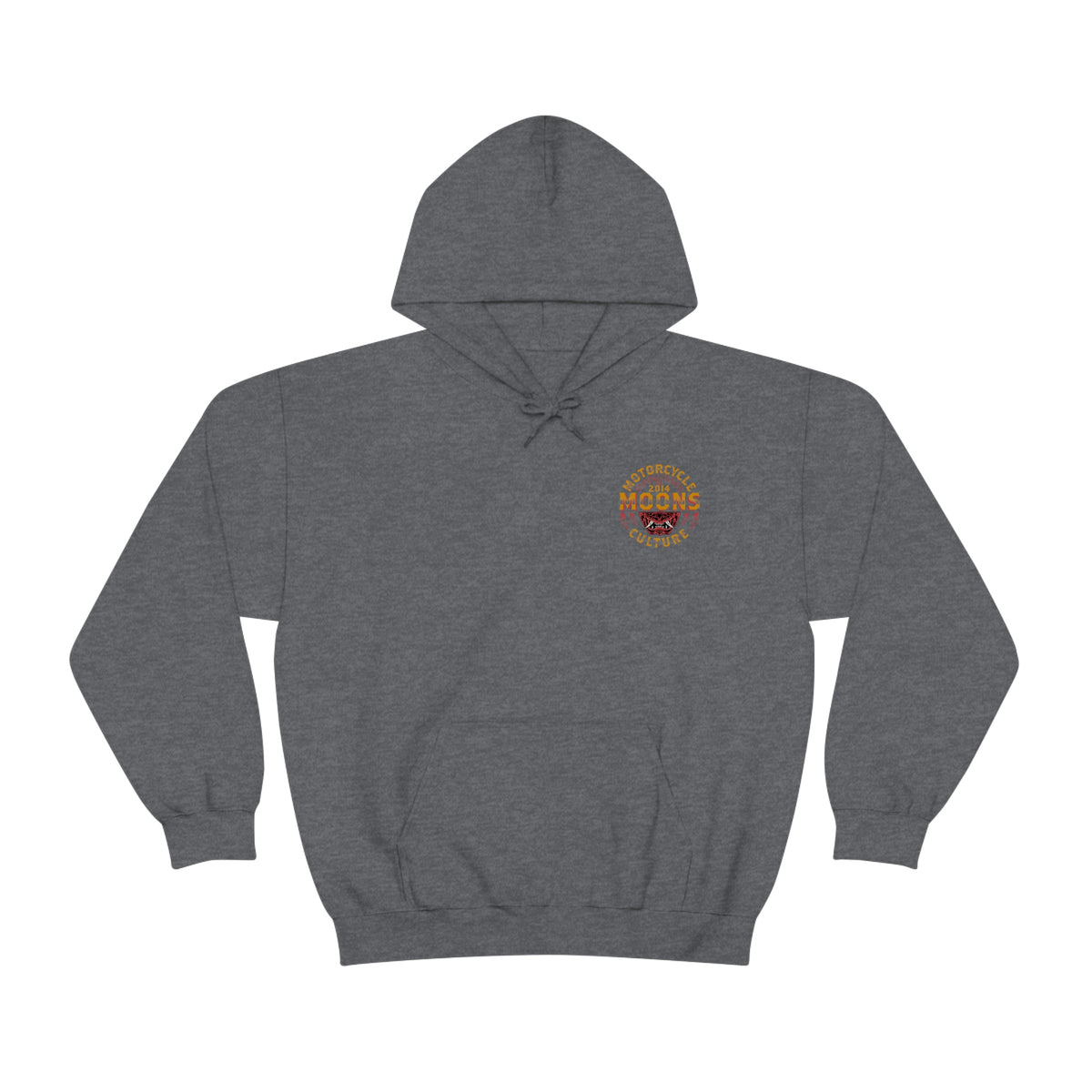 MOONSMC Samurai Mask Hooded Sweatshirt: heather charcoal hoodie with a small circular chest graphic.