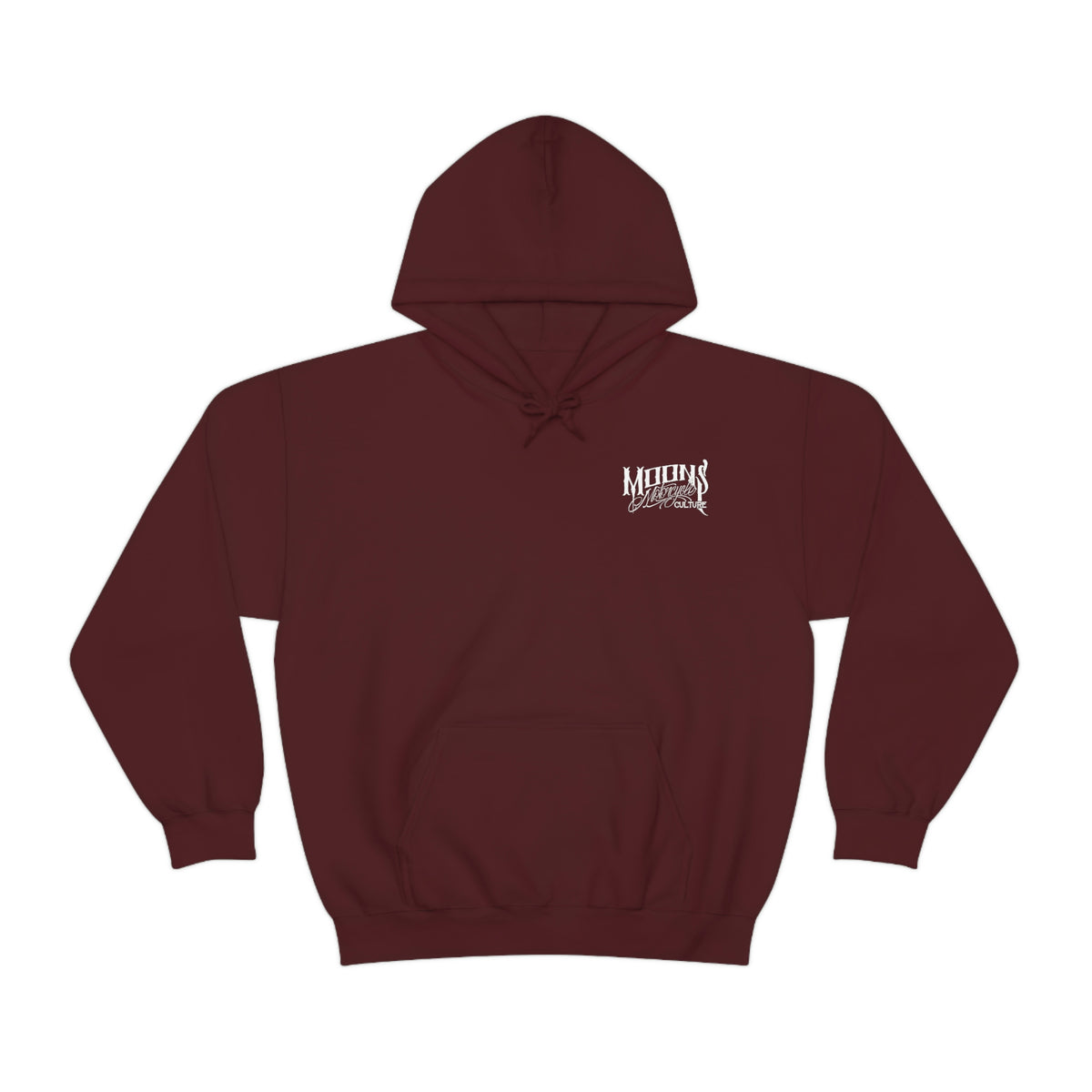 MOONSMC T-SPORT / FXDXT Hooded Sweatshirt: burgundy hoodie with a small chest logo and pouch pocket.