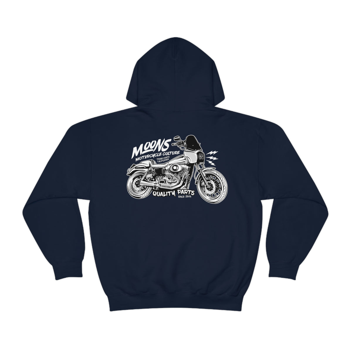MOONSMC T-SPORT / FXDXT Hooded Sweatshirt: navy hoodie showing the large motorcycle graphic.
