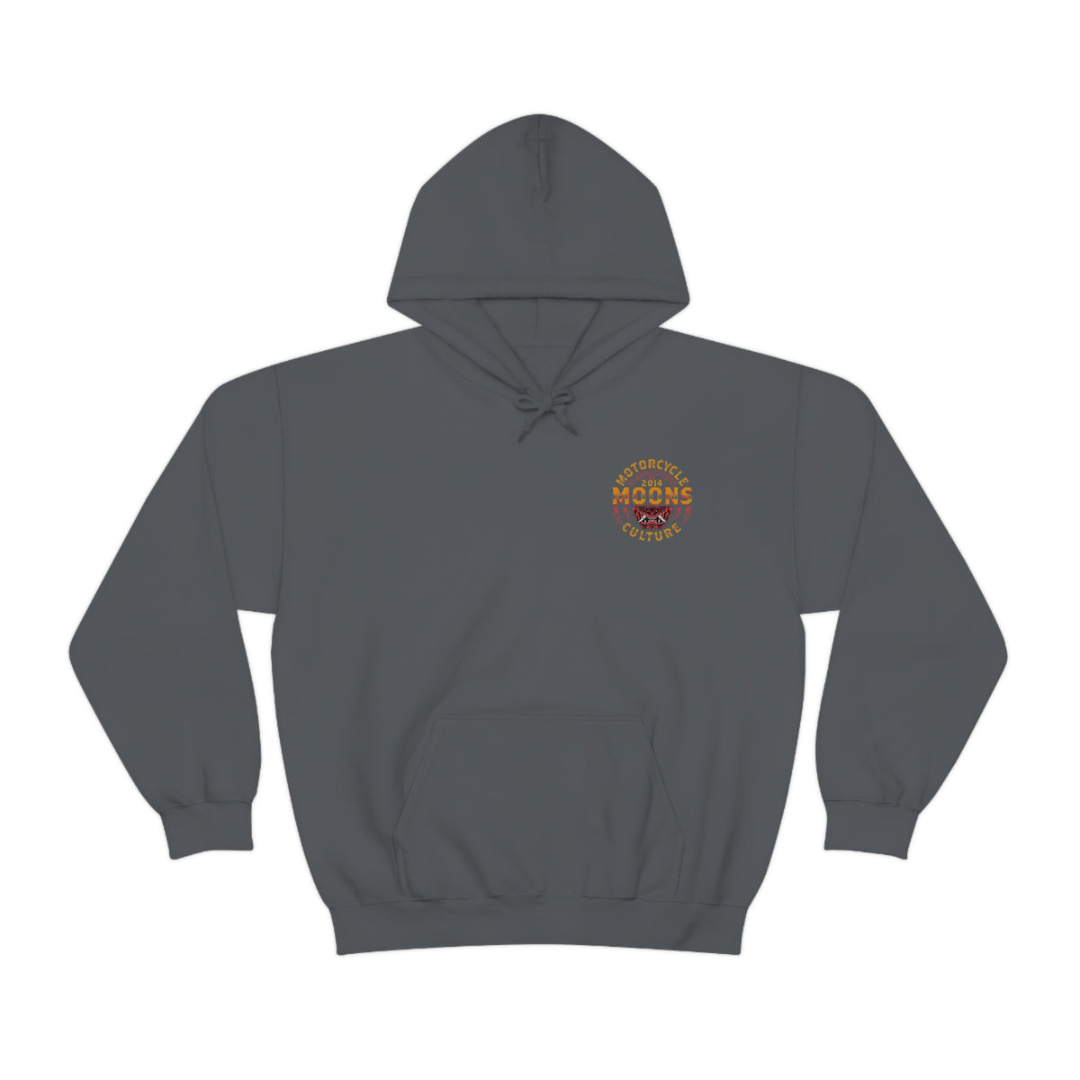 MOONSMC Samurai Mask Hooded Sweatshirt: dark gray hoodie with a small circular chest graphic.