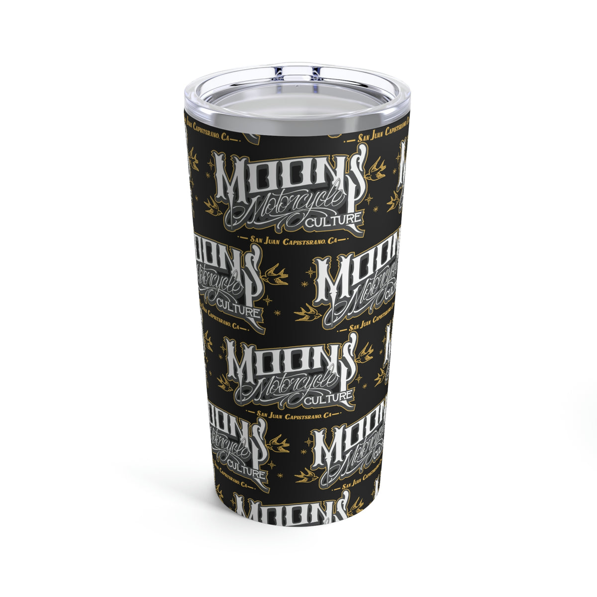 MOONSMC San Juan Capo Tumbler 20oz: black tumbler with repeating logos and a clear lid.