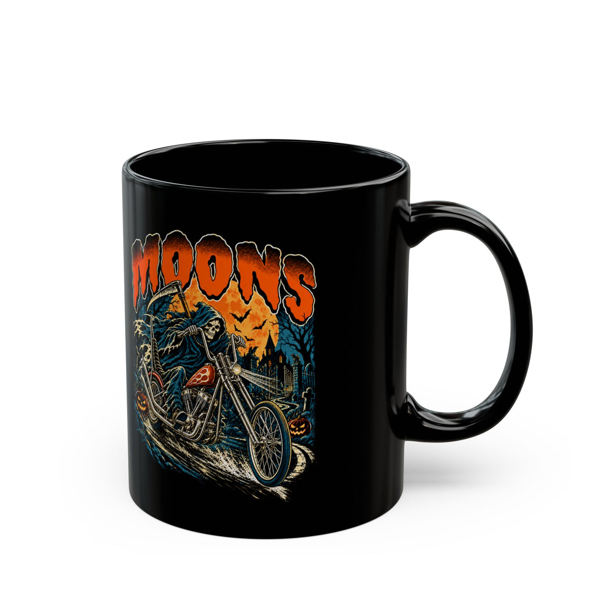 Black MOONSMC Midnight Reaper coffee mug with reaper and chopper artwork, handle on the right