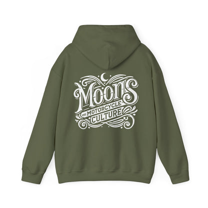 MOONSMC "The Saloon" Hooded Sweatshirt: olive green hoodie showing the large back logo with the hood down.