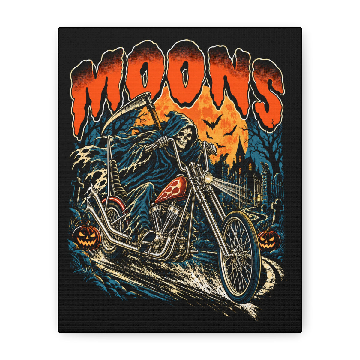 Front view of MOONSMC Midnight Reaper Halloween 2026 8 by 10 inch canvas with orange MOONS lettering and Reaper chopper art