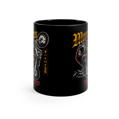 MOONSMC Dyna Wheelie 11oz Black Mug: black mug showing the gap between printed panels.