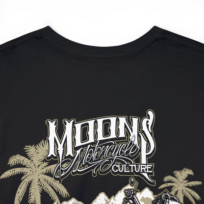 Close-up of MOONSMC lettering and palm trees in the Road Glide Special T-shirt back graphic.
