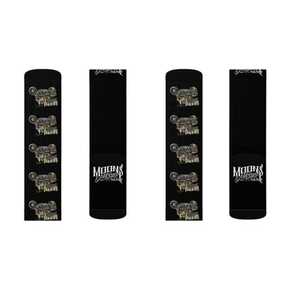 MOONSMC Red Rider FXR Sublimation Socks: multiple flat views of black socks with repeating motorcycle graphics and logo lettering.