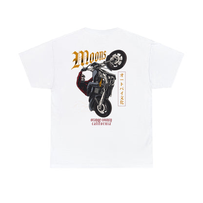 MOONSMC Dyna Wheelie Heavy Cotton T-Shirt: white tee showing the large motorcycle wheelie back graphic.