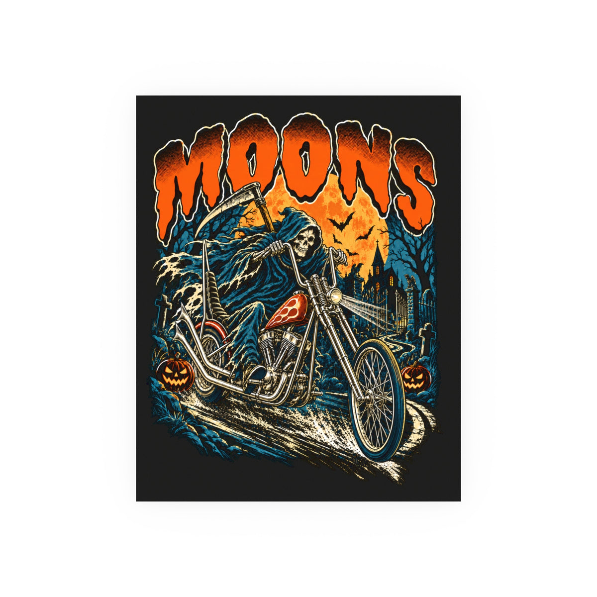 MOONSMC Midnight Reaper 16 by 20 inch art poster with reaper, chopper and orange moon on a black background