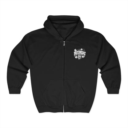 MOONSMC Urban Drip Graffiti Style Heavy Full Zip Hooded Sweatshirt: front of the black zip hoodie with a small chest graphic.